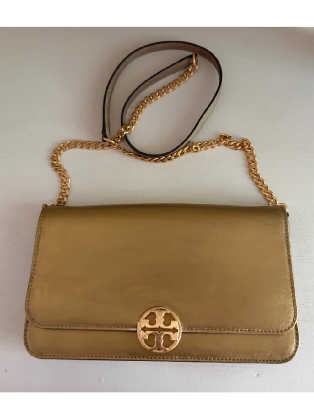 Tory Burch Leather Metallic Gold Crossbody with Chain Strap